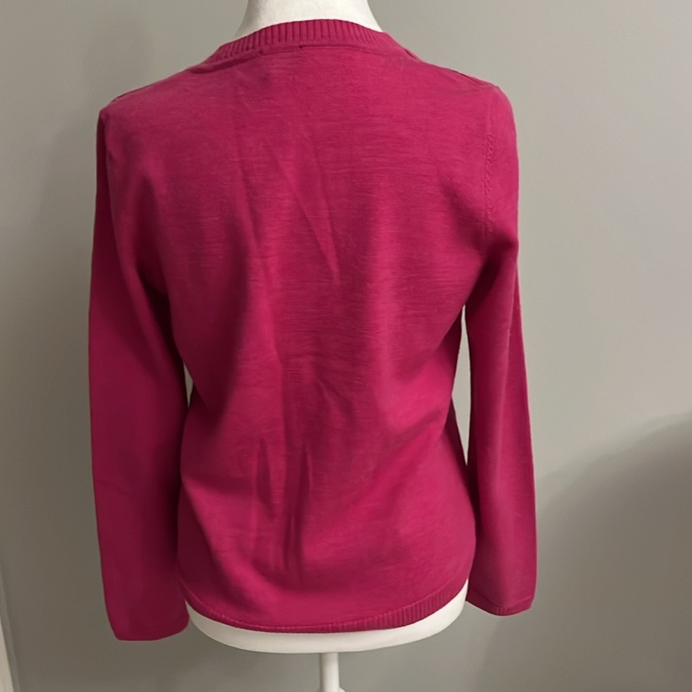 Talbots merino wool pink cardigan w/gold buttons and grosgrain ribbon Sz Small - Picture 4 of 7